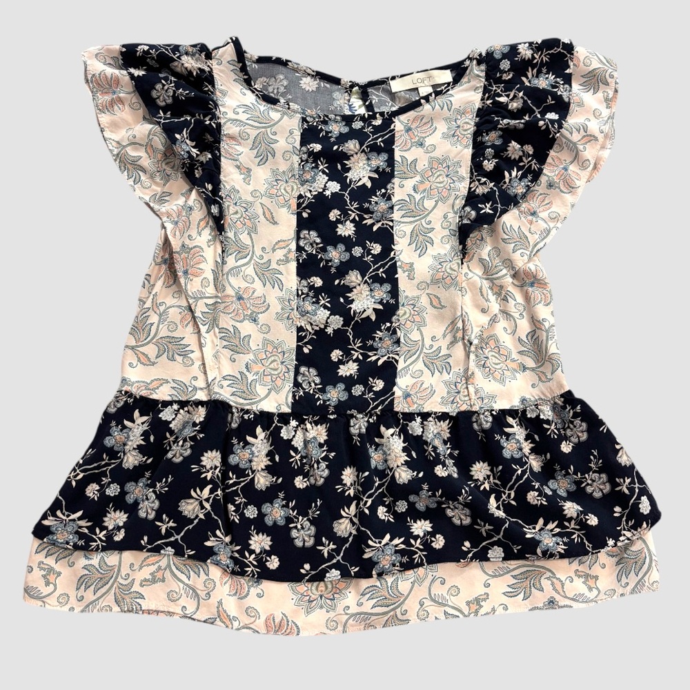 Loft Women’s Small Top Floral Ruffled Cap Sleeve Blouse Navy Blue and Pink